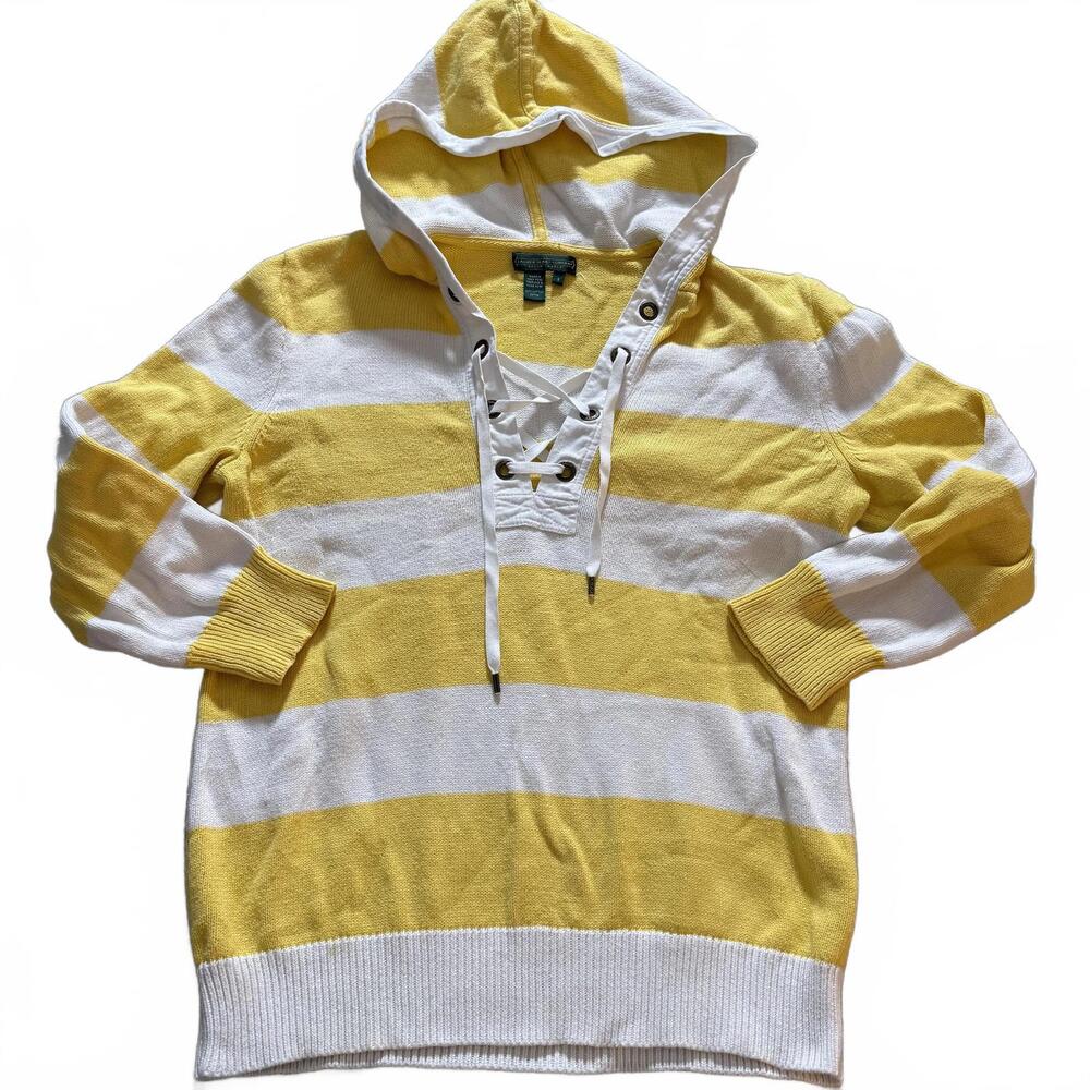RALPH LAUREN Lauren Jean Company Wms SZ S Yellow/White Nautical Knit Hoodie‎